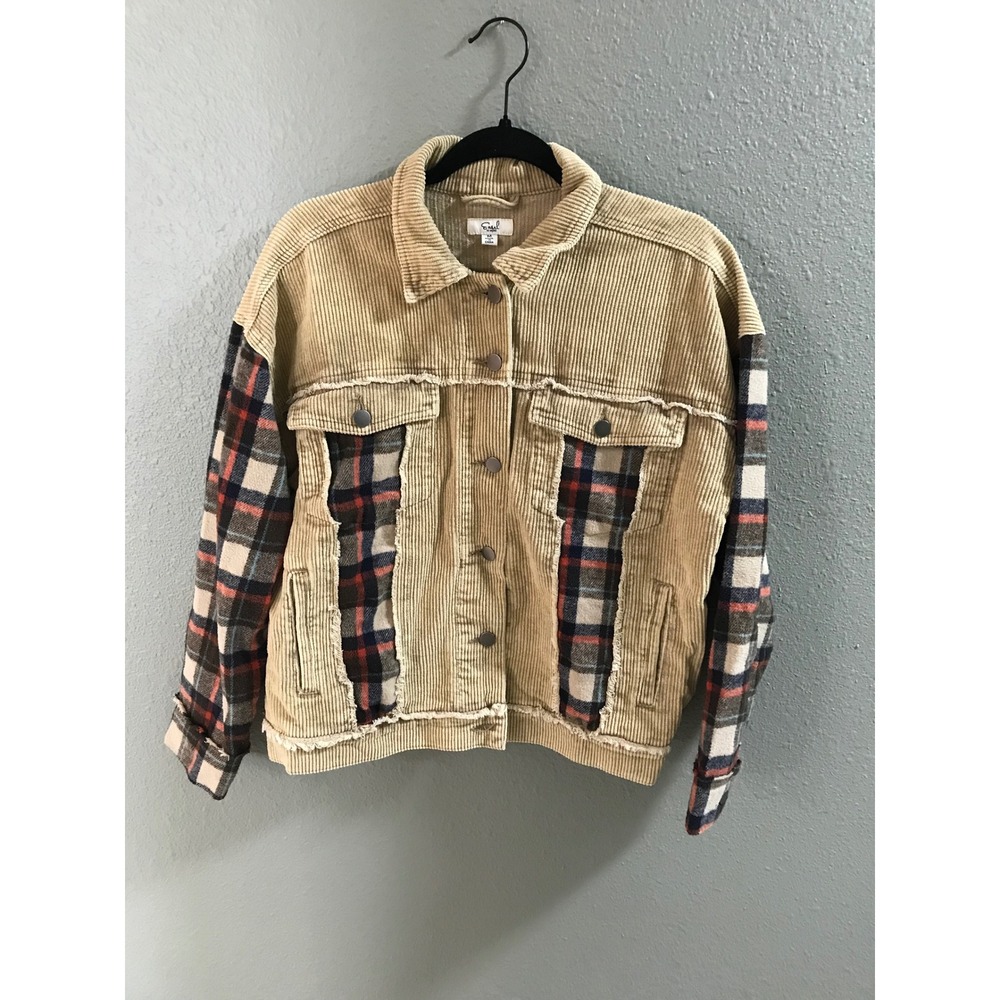 Easel Corduroy Plaid Patchwork Jacket M Boho Cottagecore Grunge Shacket